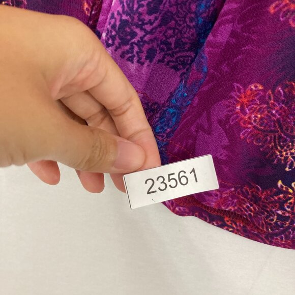 Bob Mackie size 1X Red Purple Floral Flare Sleeve Stretch Knit Blouse Romantic - Picture 8 of 8